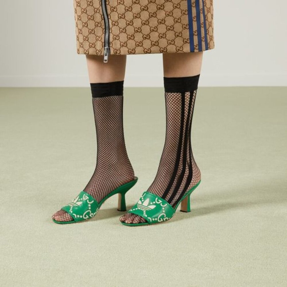 NEW GUCCI x ADIDAS GG Trefoil Logo Green Leather Heel Sandal Pump EU 39.5 US 9.5 - Picture 4 of 11